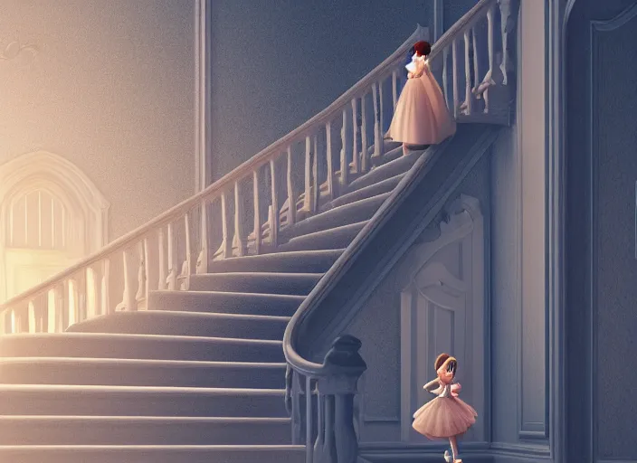 Image similar to a princess runing down a stair, cinderella, magical, crystal, detailed, night, 3 d, octance render, by wlop