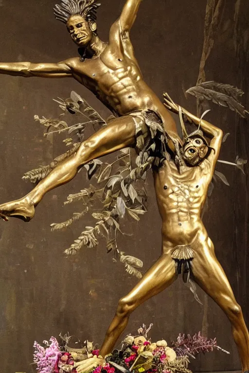 Image similar to Jean-Michel Basquiat as a bronze full-body statue of Icarus spreading his arms and arching his back for flight, glowing quartz crystal skull, wreath of ferns, flowing sakura-colored silk, fabric, flowers. baroque elements, human skull. full-length view. baroque element. intricate artwork by caravaggio. many many birds birds on background. Trending on artstation. halo. octane render, cinematic, hyper realism, octane render, 8k, depth of field, 3D