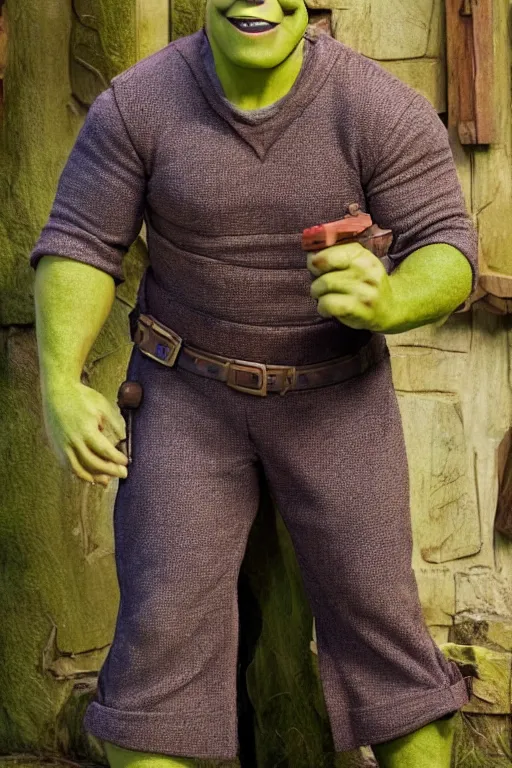 Image similar to Chris Pratt as Shrek in live action adaptation, set photograph in costume, cosplay, cover of Vogue