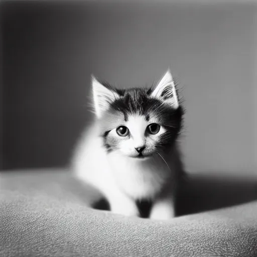 Image similar to a portrait photo of a cute solid gray solid white kitten wearing a tuxedo by edward weston, auto graflex, 2 1 0 mm ƒ / 6 4 zeiss tessar, agfa isopan iso 2 5, pepper no. 3 5, 1 9 3 0, high quality photo, highly detailed, studio lighting, fine - art photography, tack sharp