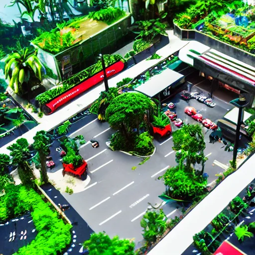 Image similar to A diorama of a shopping center in the middle of the Jungle