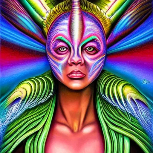 Image similar to a hyper realistic painting of an alien princess, metal headdress, by alex grey, highly detailed, vivid color,