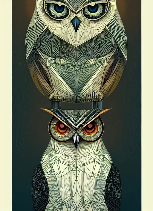 Image similar to portrait of a geometric owl, identical eyes, medium shot, illustration, full body made of white feathers, symmetrical, art stand, super detailed, cinematic lighting, and its detailed and intricate, gorgeous, by peter mohrbacher