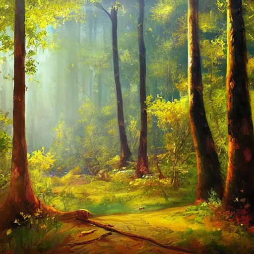 Prompt: a beautiful painting of a forest by oleg vdovenko. trending on artstation