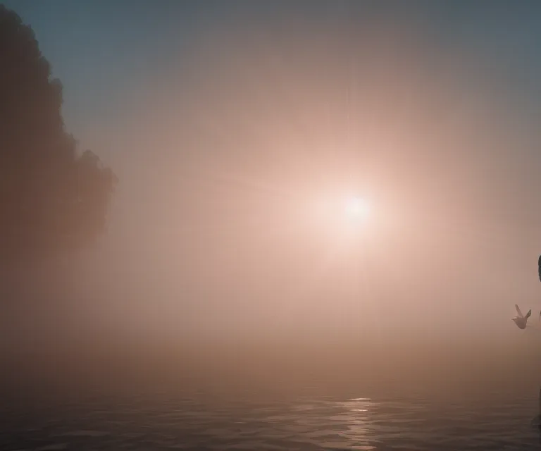 Image similar to gorgeous sunrise lighting : node - based visual programming language ( glowing patch cables looping oled volumetric windows ) scale model floating in midair in front of me : brilliant daylight vr os ux emerging from the thick fog, leica 8 k still from an a 2 4 film