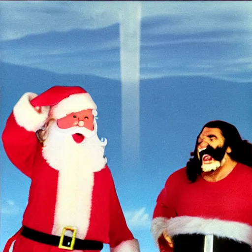 Prompt: Santa and Jesus angrily screaming at each other, 80s movie action battle, crying pink ice cream with a face