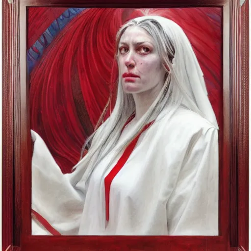 Image similar to frontal portrait of a priestess, wearing white and red, by donato giancola.