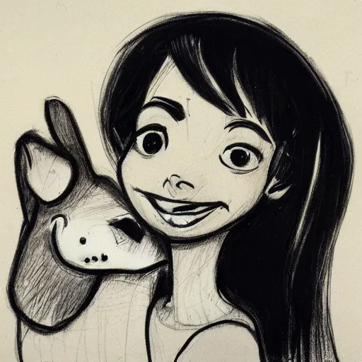 Image similar to milt kahl sketch of black hair cuban girl with dog nose