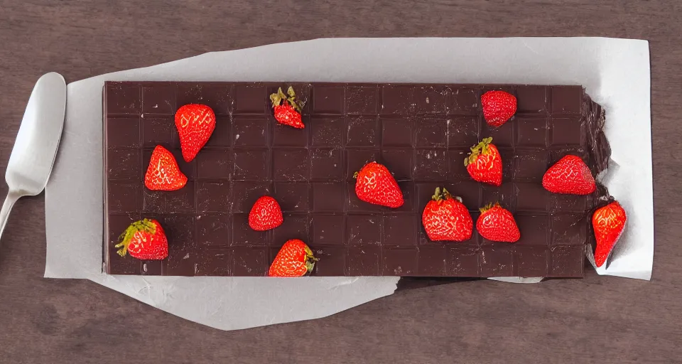 Image similar to A gourmet dark chocolate bar on an opened silver wrapper, next to sliced strawberries, on a wooden tray, macro lens product photo