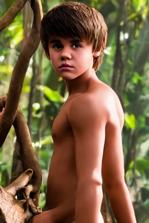 Image similar to young justin bieber plays mowgli in the live action adaptation of the jungle book, 3 5 mm photography, highly detailed, cinematic lighting, 4 k