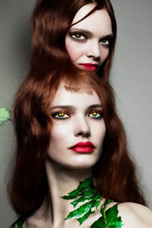 Prompt: A beautiful portrait of Daria Strokous smiling as Poison Ivy from GTA V as a Versace fashion model Spring/Summer 2010, highly detailed, in the style of cinematic, Getty images, Milan fashion week backstage, Extreme close up, Makeup by Pat McGrath, Hair by Guido Palau, Greg rutkowski