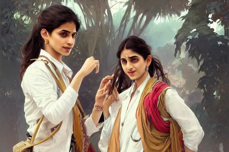 Prompt: Anxious good looking pale young Indian doctors wearing skirts and shirts at the airport, portrait, elegant, intricate, digital painting, artstation, concept art, smooth, sharp focus, illustration, art by artgerm and greg rutkowski and alphonse mucha