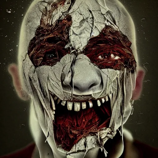 Image similar to face shredded like paper as skin peeling scream, dark, surreal, illustration, realistic horror