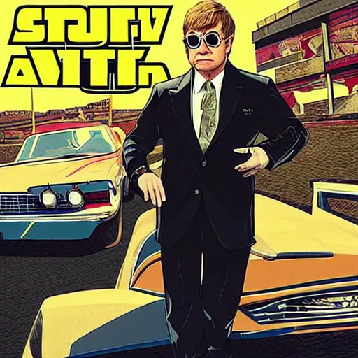 Image similar to “Elton John in GTA V, cover art by Stephen Bliss, Boxart, loadscreen”