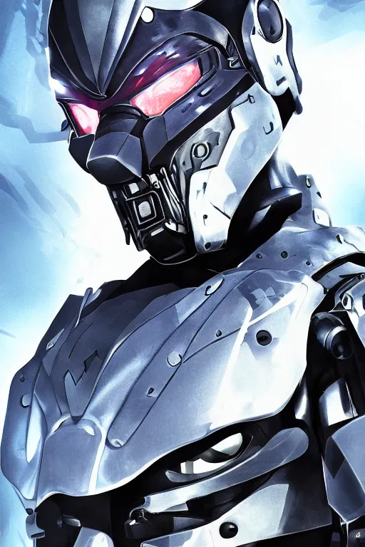 Image similar to cyber cyborg ninja mask helmet metal gear solid artic suit swat commando, global illumination ray tracing hdr fanart arstation by sung choi and eric pfeiffer and gabriel garza and casper konefal, a spectacular view cinematic rays of sunlight comic book illustration, by john kirby