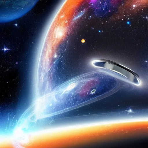 Image similar to Picture of Hoag's Object Ring galaxy surrounded by Mothership ashtar command stunning photorealistic 4k