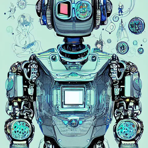 Image similar to a robot with a beautiful mind, an ultrafine detailed illustration by james jean, final fantasy, intricate linework, bright colors, behance contest winner, vanitas, angular, altermodern, unreal engine 5 highly rendered, global illumination, radiant light, detailed and intricate environment