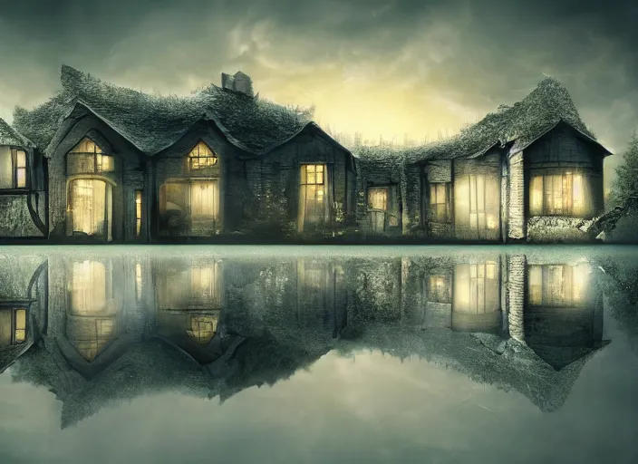 Image similar to realistic alien structured house on a dark land, full moon, ultra detailed, fantasy, hyper realism, art, smooth, beautiful art, masterpiece, landscape, cinematic, wet reflections, ray tracing x, rtx, smooth