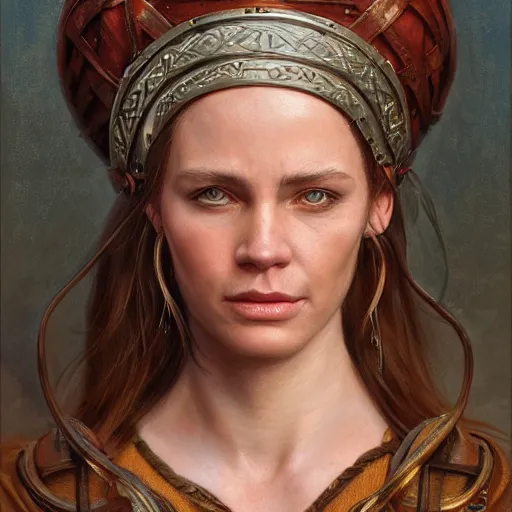 Image similar to an portrait of an happy female celt, detailed, centered, digital painting, artstation, concept art, donato giancola, Joseph Christian Leyendecker, WLOP, Boris Vallejo, Breathtaking, 8k resolution, extremely detailed, beautiful, establishing shot, artistic, hyperrealistic, beautiful face, octane render