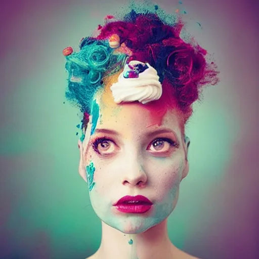 Prompt: “*a girl with a birthday cake head by Alberto Sevesso”