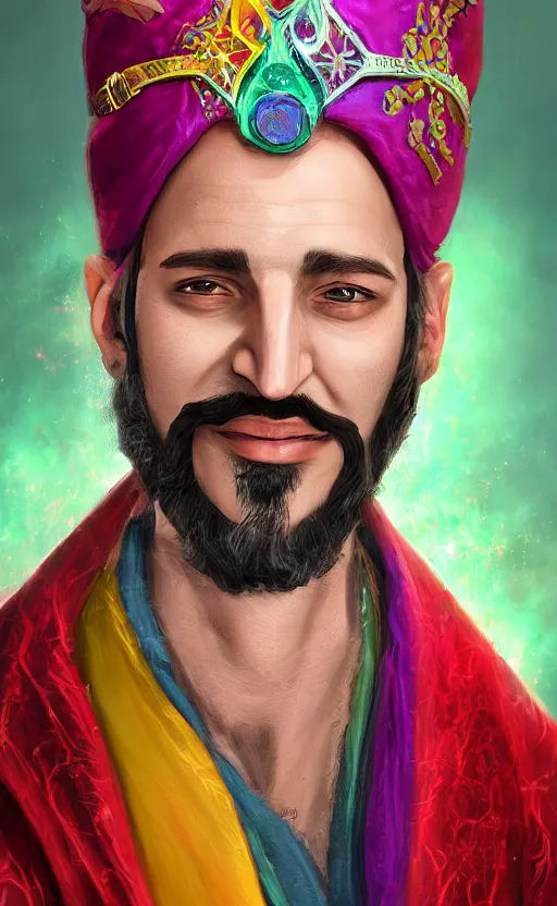 Prompt: a charming sorcerer tailor of middle - eastern descent, dressed in fine colorful robes and sporting a goatee, smirking, fantasy digital painting by barret frymire by artem priakhin, high resolution 4 k