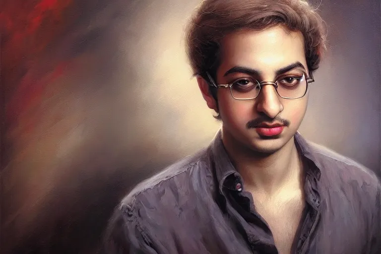 Image similar to poster portrait of young salman rushdie. oil painting elegant, highly detailed, centered, digital painting, artstation, concept art, smooth, sharp focus, illustration, artgerm, tomasz alen kopera, peter mohrbacher, donato giancola, joseph christian leyendecker drew struzan