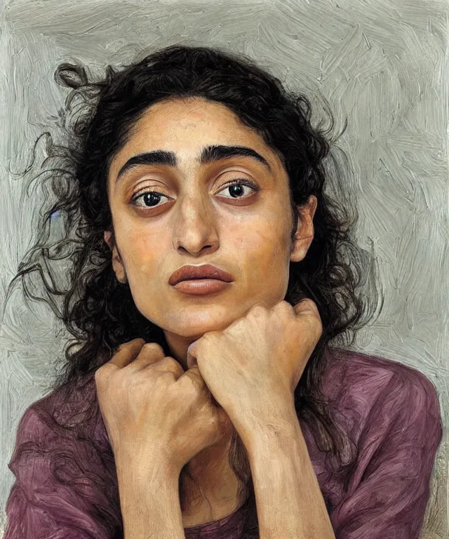 Image similar to realistic portrait of golshifteh farahani, painted by lucian freud, high quality, high detail