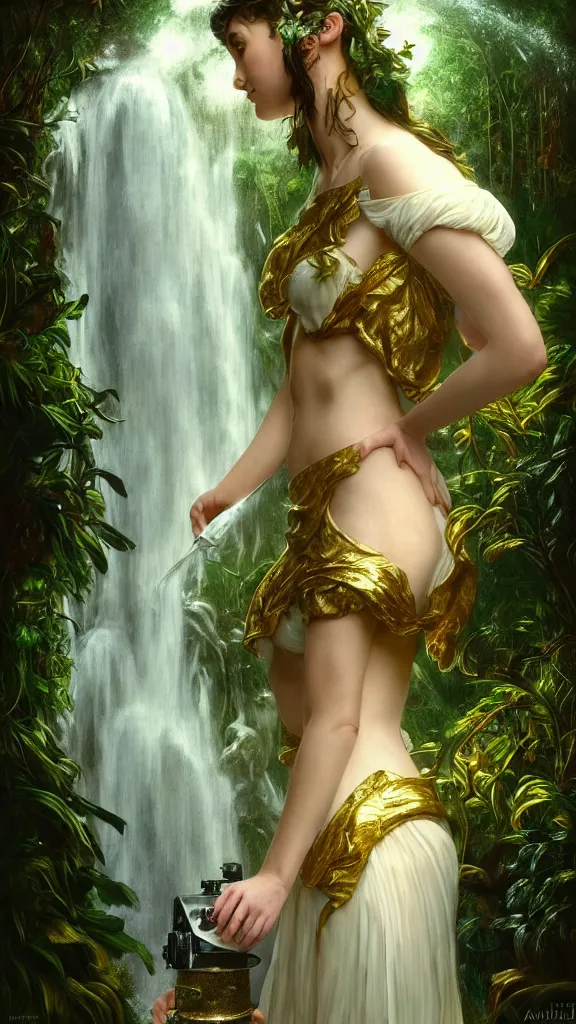 Image similar to hyper realistic photographer looking through a vintage medium format camera, taking pictures, magic pouring from lens, fantasy castle, full body waterfall water dress, design on white background, beautiful details, lush foliage cyberpunk, gold, drawn by john singer sargent, tom bagshaw, norman rockwell, alphonso mucha, lolish, trending on artstation