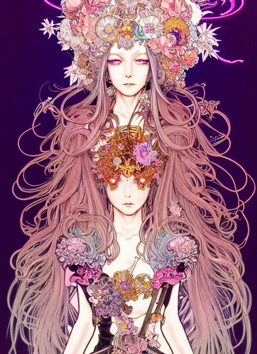 Image similar to highly detailed terada katsuya artstation manga poster of witch mechine, hajime sorayama, rainbow gradient bloom, long hair, armor, dress, laces, ruffles, 8 k, maximalist, ayami kojima, alphonse mucha