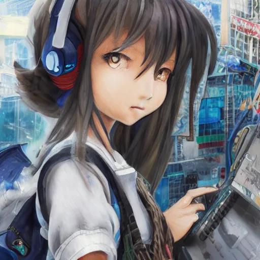 Image similar to dynamic composition, motion, ultra-detailed, incredibly detailed, a lot of details, amazing fine details and brush strokes, colorful and grayish palette, smooth, HD semirealistic anime CG concept art digital painting, watercolor oil painting of Clean and detailed post-cyberpunk sci-fi close-up schoolgirl in asian city in style of cytus and deemo, blue flame, relaxing, calm and mysterious vibes,, by a Chinese artist at ArtStation, by Huang Guangjian, Fenghua Zhong, Ruan Jia, Xin Jin and Wei Chang. Realistic artwork of a Chinese videogame, gradients, gentle an harmonic grayish colors. set in half-life 2, Matrix, GITS, Blade Runner, Neotokyo Source, Syndicate(2012), dynamic composition, beautiful with eerie vibes, very inspirational, very stylish, with gradients, surrealistic, dystopia, postapocalyptic vibes, depth of field, mist, rich cinematic atmosphere, perfect digital art, mystical journey in strange world