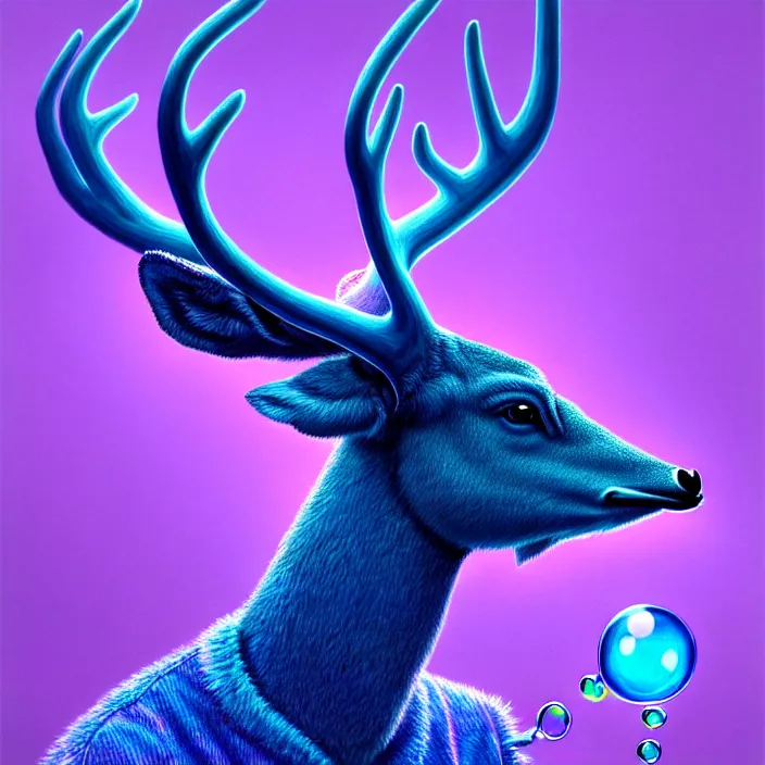 Image similar to an anthropomorphic male blue deer wearing a violet tracksuit blowing a bubble, by alex grey and greg rutkowski, intricate details, artstation, psychedelic, hd, beautiful