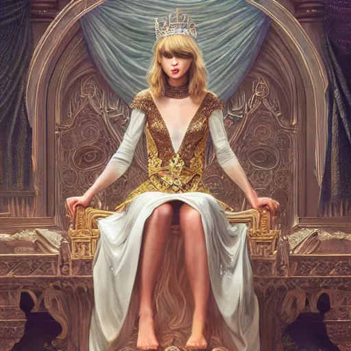 Image similar to Taylor Swift sitting on a majestic throne wearing a crown, D&D style, fantasy, intricate, elegant, highly detailed, digital painting, artstation, concept art, matte, sharp focus, illustration, art by Artgerm and Greg Rutkowski and Alphonse Mucha