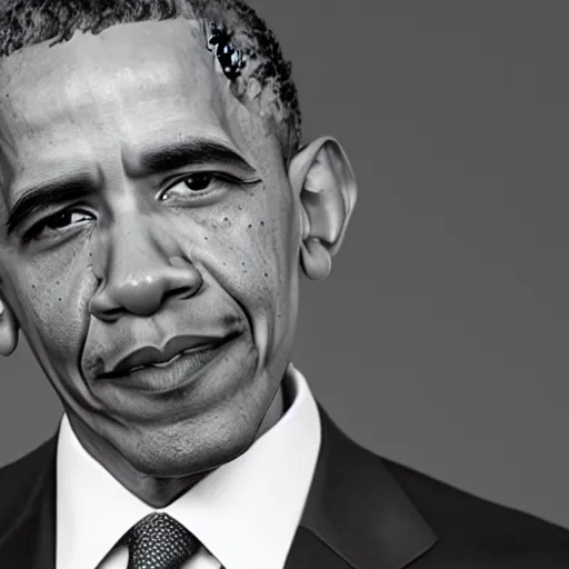 Prompt: A photograph portrait of President Obama as the black and white giga-Chad bodybuilder meme photo
