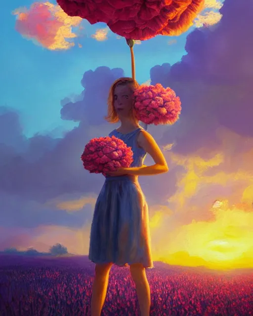 Image similar to girl with a giant carnation head, surreal photography, flower field, sunset dramatic light, impressionist painting, colorful clouds, blue sky, digital painting, artstation, simon stalenhag