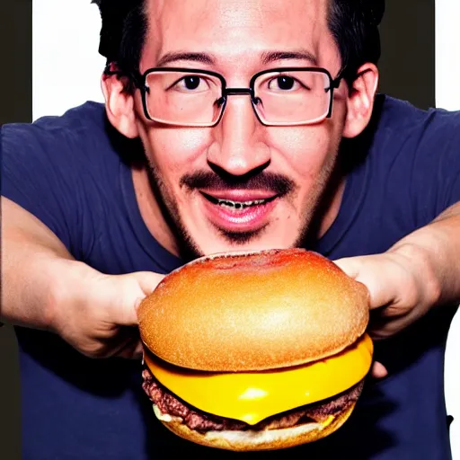 Prompt: photograph of Markiplier lifting a gigantic hamburger over his head, sweating, red face, steam