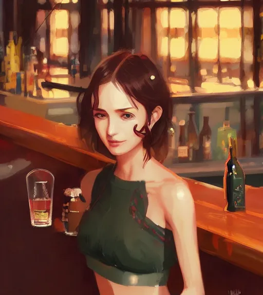 Image similar to pretty woman in a bar, by wlop, rain, poster, anime key visual, artstation