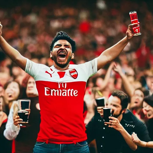 Prompt: close up profile photo of an arsenal fan right after his team scores. holding a glass of beer. enthusiastic, happy, super detailed, ultra realistic.