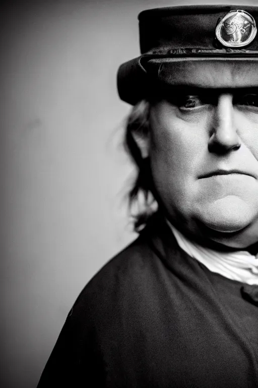 Image similar to benjamin franklin wearing a security guard uniform in game of thrones. dslr, 5 0 mm, f / 2. 8, studio lighting
