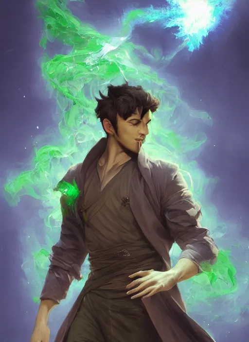 Image similar to character concept portrait of an extremely handsome young Spanish wizard with green eyes and powder-green skin conjuring a cosmic spell, a floating iridescent spell book in the center, intricate, elegant, digital painting, concept art, smooth, sharp focus, illustration, from Metal Gear, by Ruan Jia and Mandy Jurgens and William-Adolphe Bouguereau, Artgerm