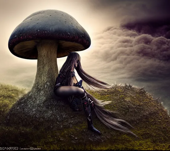 Prompt: a portrait of an armored female warrior sitting on the edge of a giant mushroom that covers a whole town and reaches above the clouds by luis royo. intricate. lifelike. soft light. sony a 7 r iv 5 5 mm. cinematic post - processing