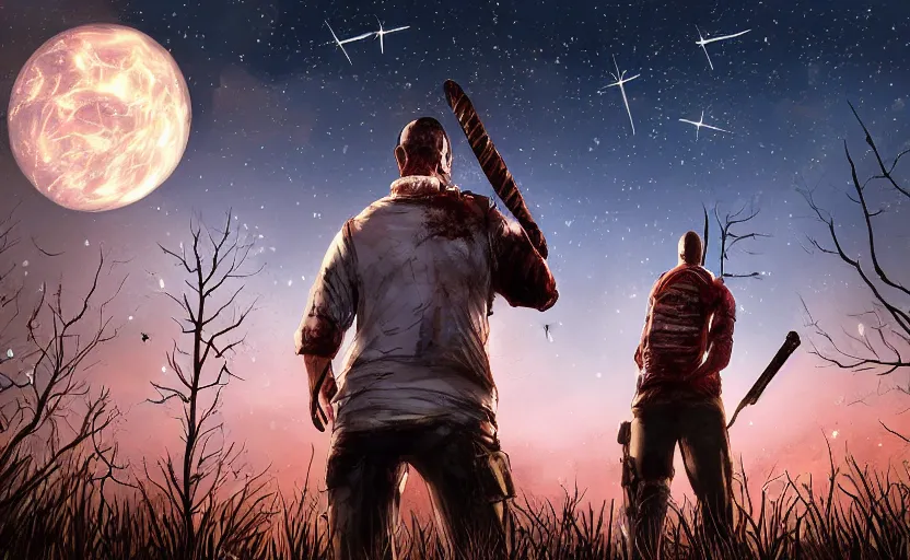 Image similar to view from behind a dead by daylight killer as he reaches up to a night sky, stars are aligning, character portrait, digital art