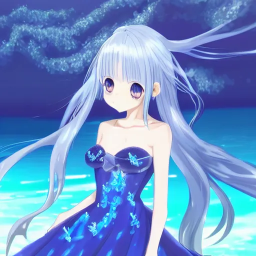 Image similar to a very beautiful anime girl wearing a elegant dress made of water standing in a azure blue crystal lake , full body, long white hair with azure blue highlights blending into the dress , azure blue watery eyes, full round face, seductive over the shoulder glances ,soft smile,tears, lens flare, cinematic lighting, medium shot, mid-shot, highly realistically detailed, trending on artstation, Unreal Engine 4k, Stanley Artgerm Lau, WLOP, Rossdraws, James Jean, Andrei Riabovitchev, Marc Simonetti, and Sakimichan