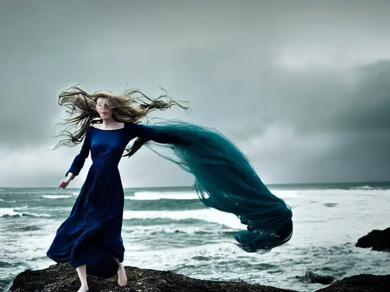 Prompt: cinestill 5 0 d half - length portrait photo portrait of a woman britt marling 3 / 4 style of nicholas fols, 1 5 0 mm, dress in voile, hair like dark clouds, hair floating on air, head in focus, mute dramatic colours, soft blur outdoor stormy sea background, volumetric lighting, hyper detailed, hyper realistic