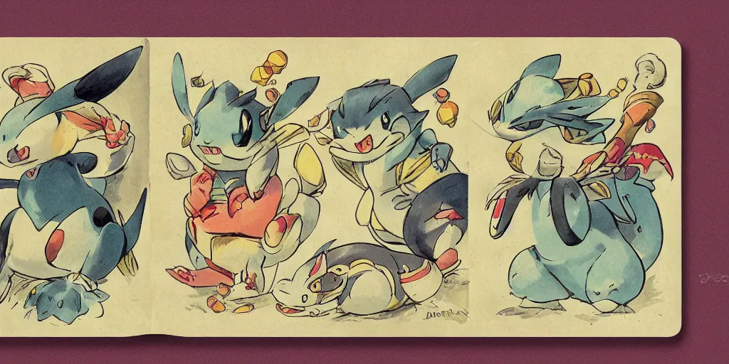 Image similar to a whimsical storybook illustration of pokemon, 1 9 5 0 s japan, designed by jean baptiste monge but in lowbrow pop art style, high resolution, fine details, muted colors m