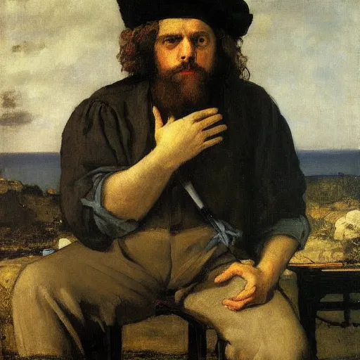 Image similar to a painter sits pensively selling his paintings. created by gustave courbet.