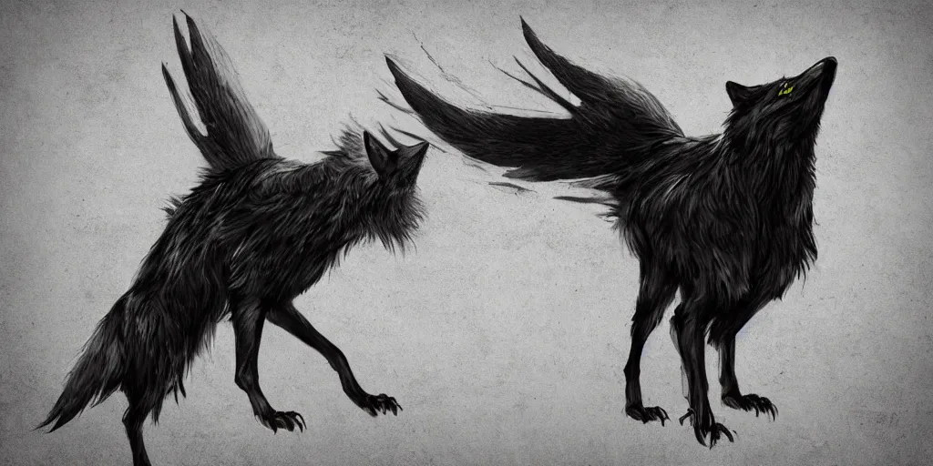 Prompt: wolf merged with crow,! photorealistic,! concept art