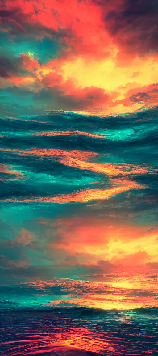 Image similar to a psychedelic sunset over the ocean hyper - realistic, hyper - detailed, high resolution, cinematic composition, octane render, photoreal, high detail, 8 k, artstation trending, photography, hyperrealistic, vray renderer, cgsociety, artwork by tooth wu, colorful contrast, very coherent, thick lineart