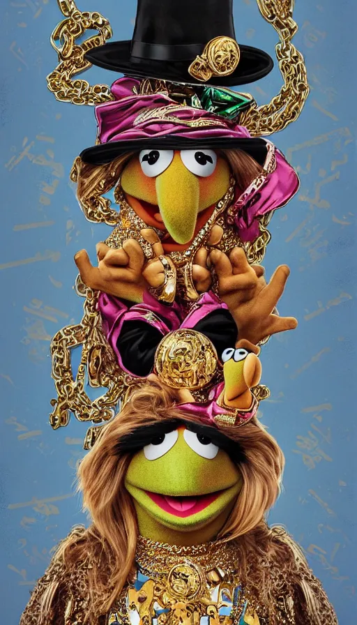 Image similar to the muppets are are gangsta rappers on stage at a concert, dressed in ornate hip hop clothing and wearing gold necklaces and bling, intricate, highly detailed, digital painting, artstation, symmetrical, concept art, smooth, sharp focus, illustration, unreal engine 5, 8 k, art by artgerm and greg rutkowski and alphonse mucha