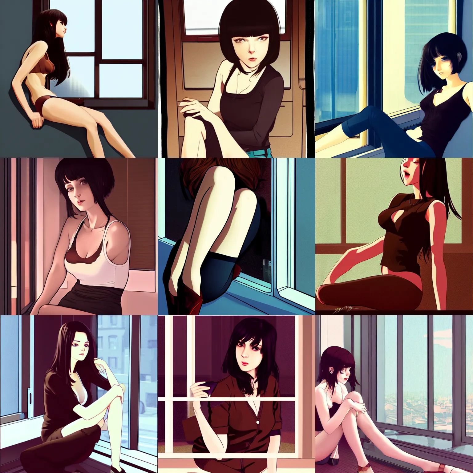 Prompt: sexy girl with dark brown hair, sitting on the floor leaning against the window, dim lighting, in the style of ilya kuvshinov