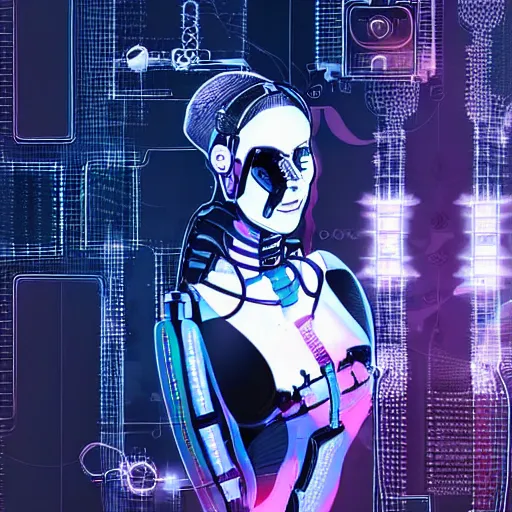 Image similar to art of female cyborg playing techno music, choker, wires, trippy space background, realistic